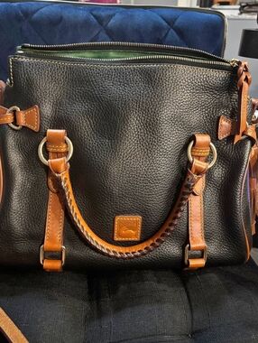 Dooney & Bourke Black Pebble Leather Satchel with Tan Trim W Wallet
